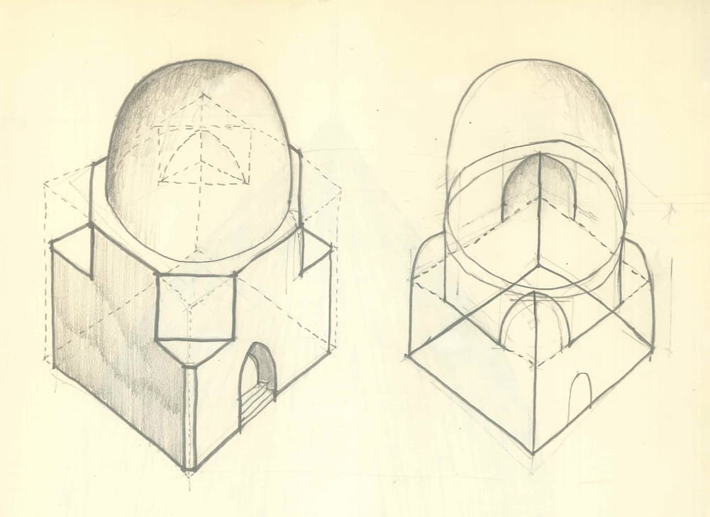 Axonometric view of a mosque and tomb at Bayt ‘Atā’